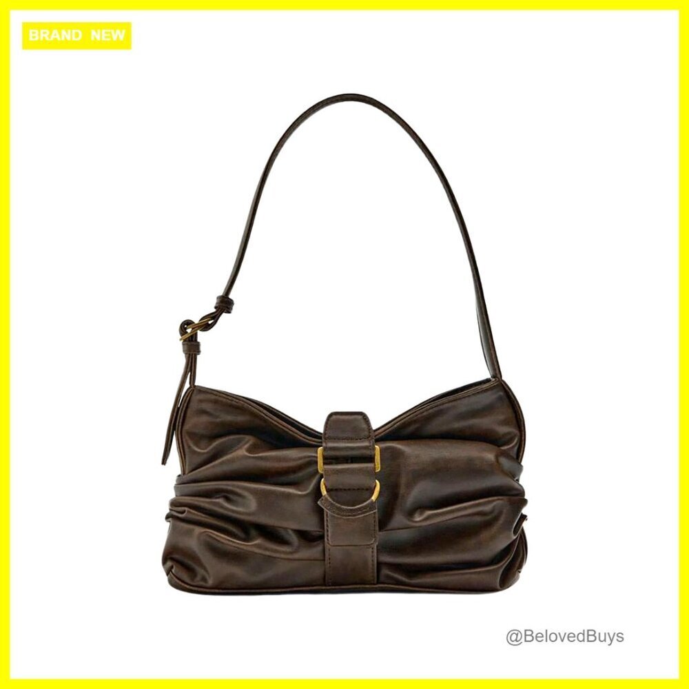 Faux Leather Shoulder Bag with Buckle Ruched Hobo Y2K Vintage